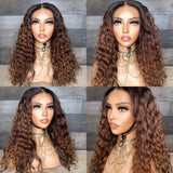 18” indian raw loose curls with custom golden chestnut color 3 bundles+frontal