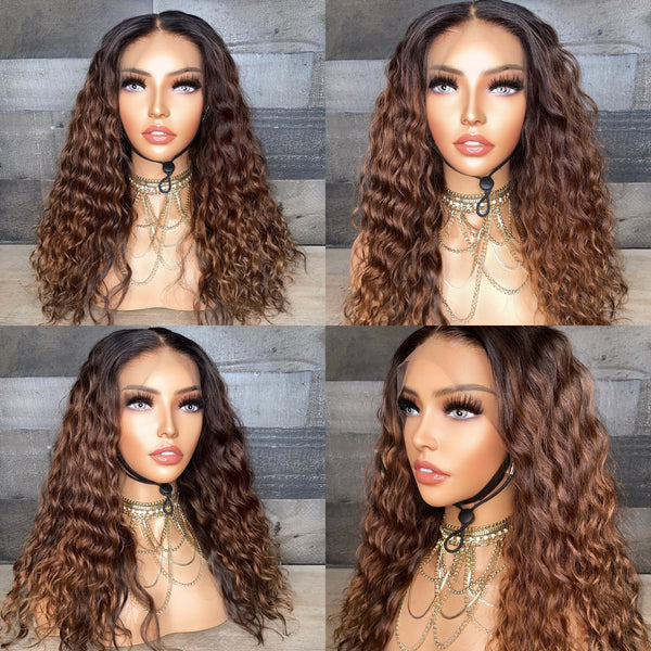 18” indian raw loose curls with custom golden chestnut color 3 bundles+frontal