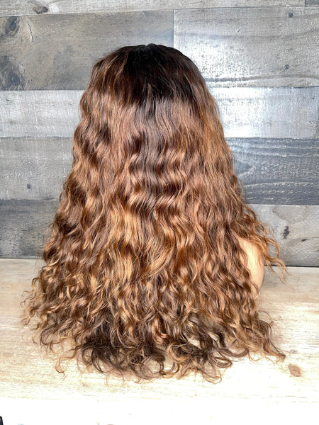 18” indian raw loose curls with custom golden chestnut color 3 bundles+frontal