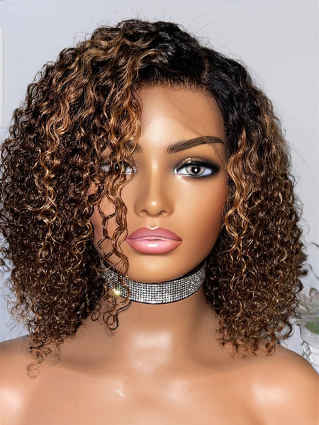 Made to order !Cambodian Curly highlight bob HD frontal 12”