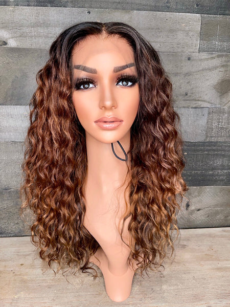 18” indian raw loose curls with custom golden chestnut color 3 bundles+frontal