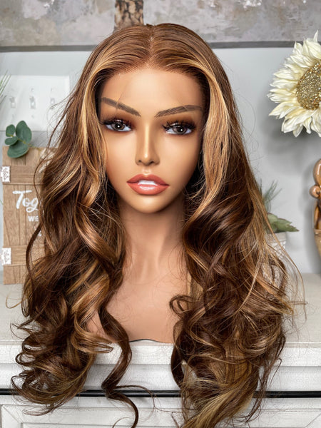 MTO Brown HD lace frontal wig with highlights 22”