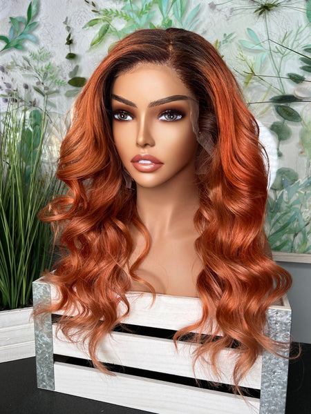 Stunning Orange frontal wig with dark roots