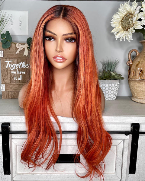 Long bright ginger closure wig 24”