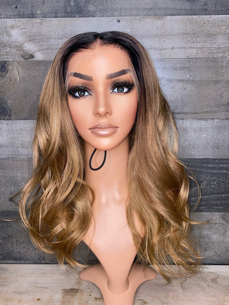 Custom honey colored frontal wig with dark roots