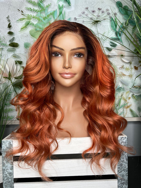 Stunning Orange frontal wig with dark roots