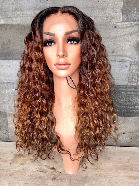 18” indian raw loose curls with custom golden chestnut color 3 bundles+frontal