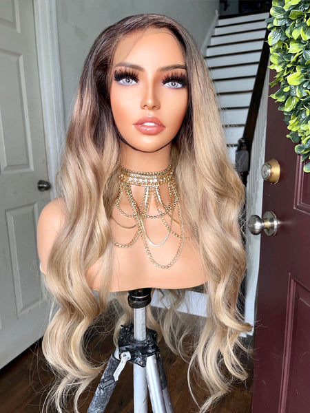 *CLEARANCE 26” high density dimensional champagne blonde frontal wig with natural brown roots