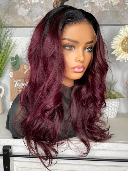 Made to order !Black cherry unit with natural black roots thick frontal wig