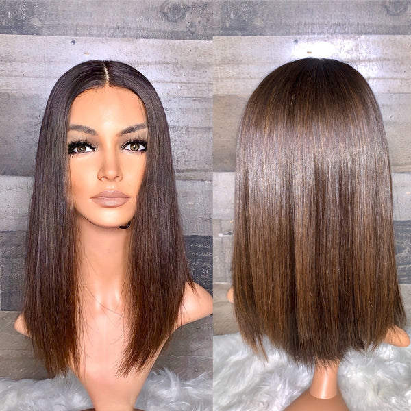Silk top frontal wig European silky hair with natural brown ombré