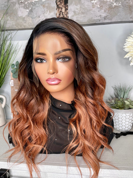 Light brown with rose gold tones and natural roots frontal wig 22”