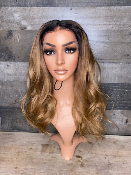Custom honey colored frontal wig with dark roots