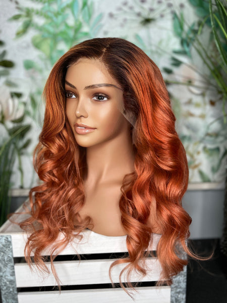 Stunning Orange frontal wig with dark roots