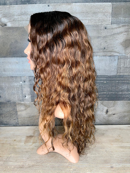 18” indian raw loose curls with custom golden chestnut color 3 bundles+frontal