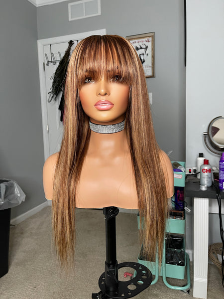 22” Brown & Blonde highlight wig with bangs frontal unit