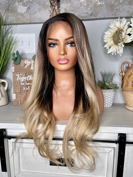 Long dark brown to ash blonde ombré frontal wig high density 24”