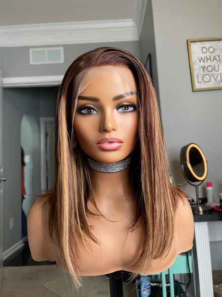 Brown and blonde highlight high density bob 12” frontal wig
