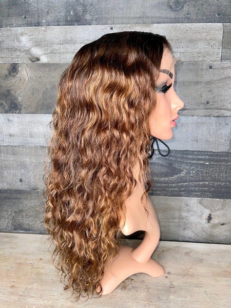 18” indian raw loose curls with custom golden chestnut color 3 bundles+frontal