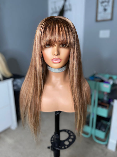 22” Brown & Blonde highlight wig with bangs frontal unit