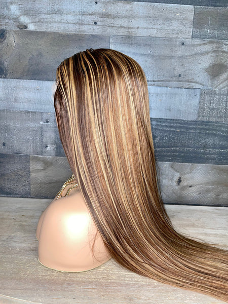 24” Multi color brown +blonde transparent frontal wig indian hair