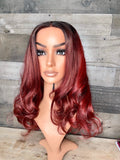 Frontal wig custom Cherry color with dark roots Cambodian wavy
