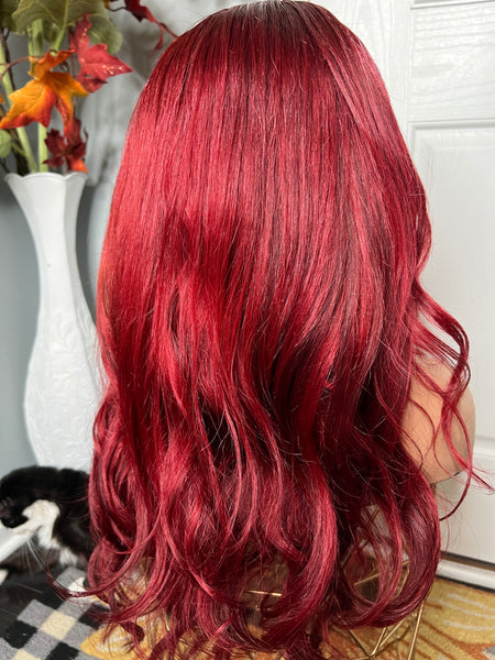 Cherry red frontal wig Indian silky 24”
