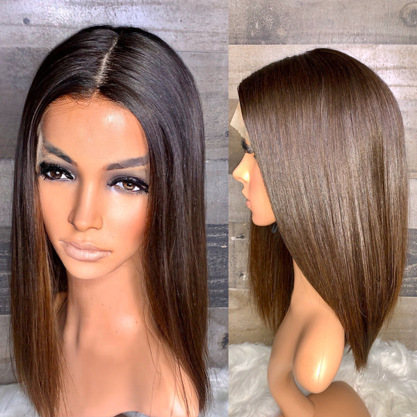 Silk top frontal wig European silky hair with natural brown ombré