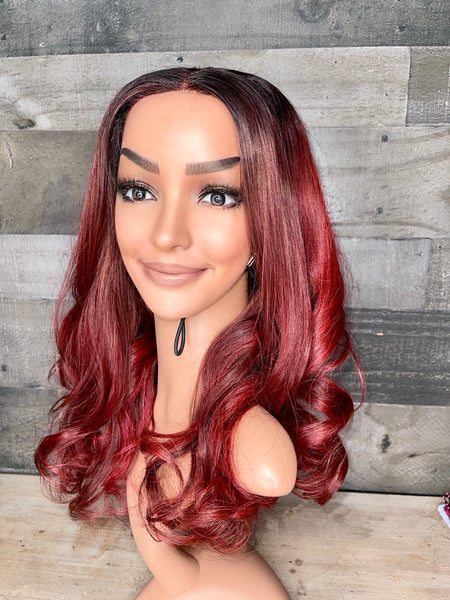 Frontal wig custom Cherry color with dark roots Cambodian wavy